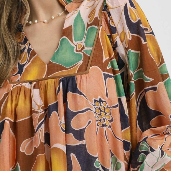 Umgee Multicolor Abstract Floral Print‎ Blouse with Ruffle Neck - Picture 5 of 5